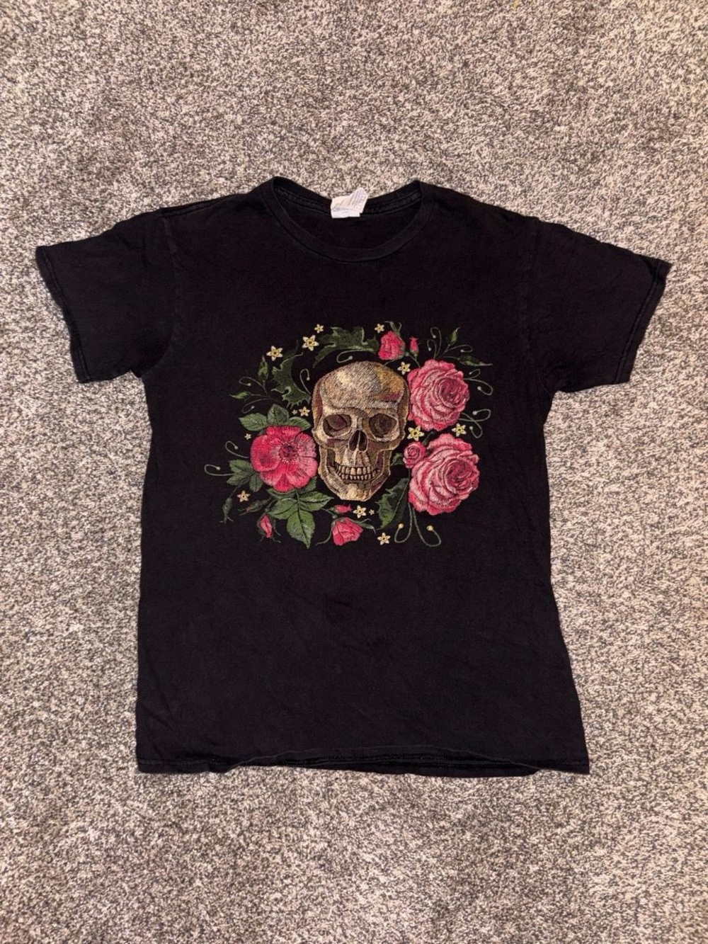 Black tee with grunge rose and skull design